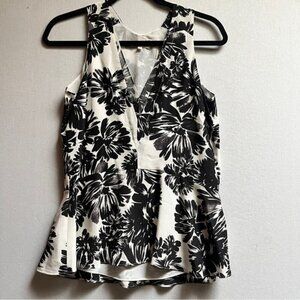 Rebecca Taylor Black White 100% Silk Floral Peplum Sleeveless Blouse 2